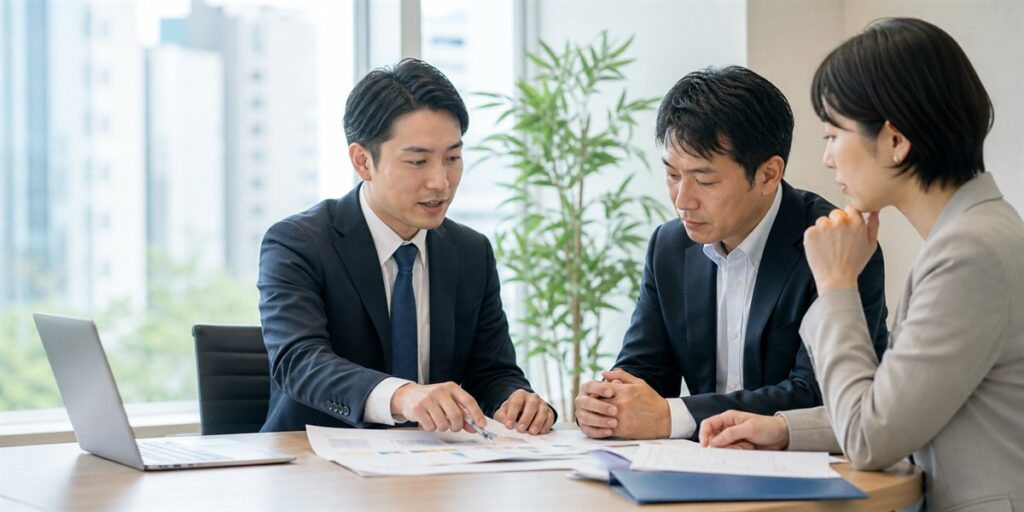 仙台の企業支援をテーマに補助金資料を確認する専門家ミーティングのイメージ