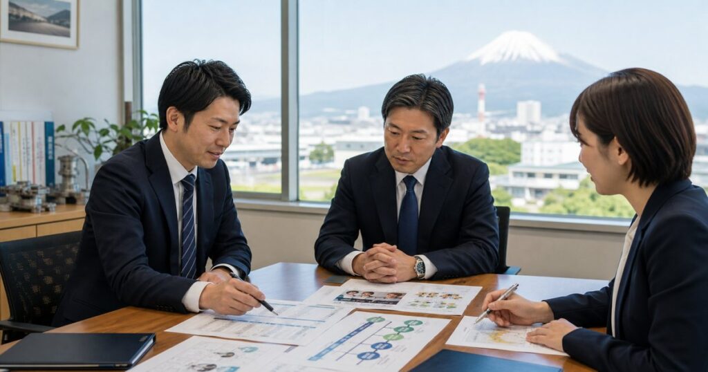 静岡のものづくり補助金支援会社の事業承継をテーマに、資料を確認しながら打ち合わせを行う専門家チームのイメージ