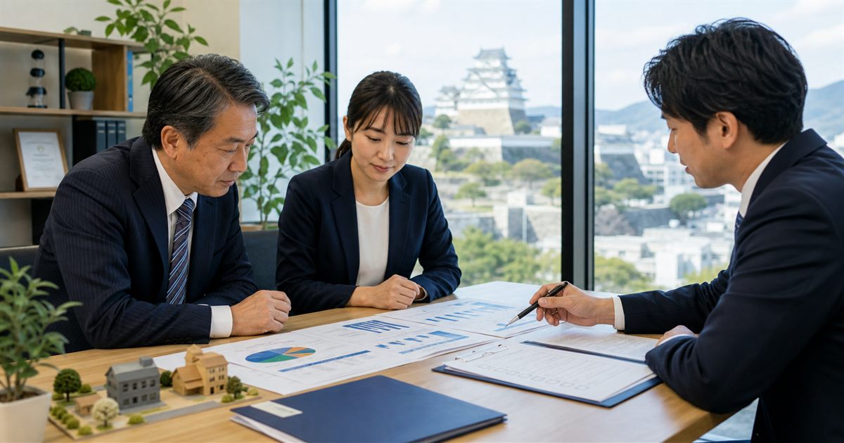 兵庫で認定支援機関の譲渡を検討する経営者と専門家が、案件資料と引継ぎ計画を確認しているイメージ