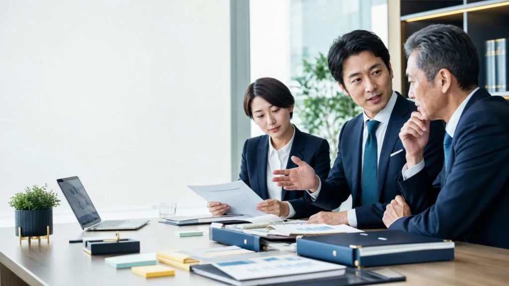 補助金支援会社M&Aを検討する経営者と担当者の相談イメージ