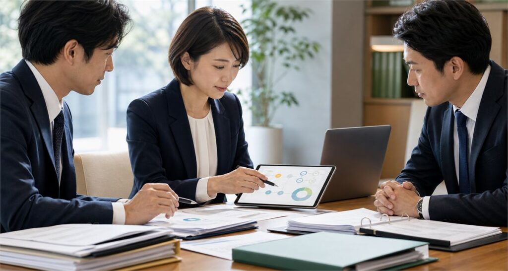 京都の中小企業支援をテーマに、資料を確認しながら事業承継の打ち合わせを行う専門家チームのイメージ