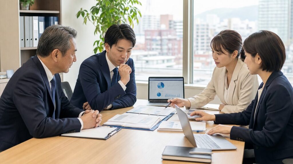 熊本の地域企業支援をテーマに省力化投資補助金の資料を確認しながら事業承継とM&Aを相談する専門家ミーティングのイメージ