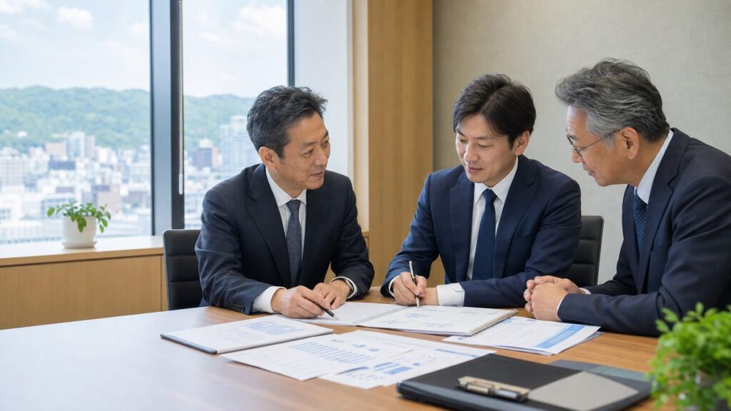 盛岡の助成金コンサル会社M&Aで案件資料を確認する経営者と専門家