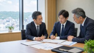 盛岡の助成金コンサル会社M&Aで案件資料を確認する経営者と専門家