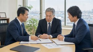 横浜の補助金支援会社M&Aで案件資料を確認する経営者と承継担当者と専門家