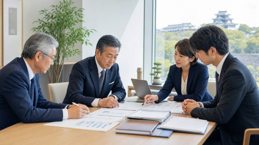 岡山の助成金コンサル会社の事業承継について専門家と経営者が案件台帳と引継ぎ資料を確認する会議風景