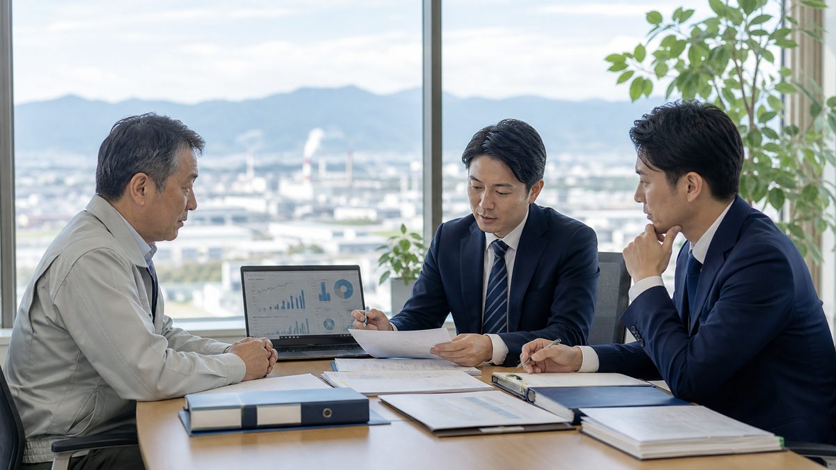 新潟のものづくり補助金支援会社の譲渡について経営者と専門家が案件台帳を確認する会議風景