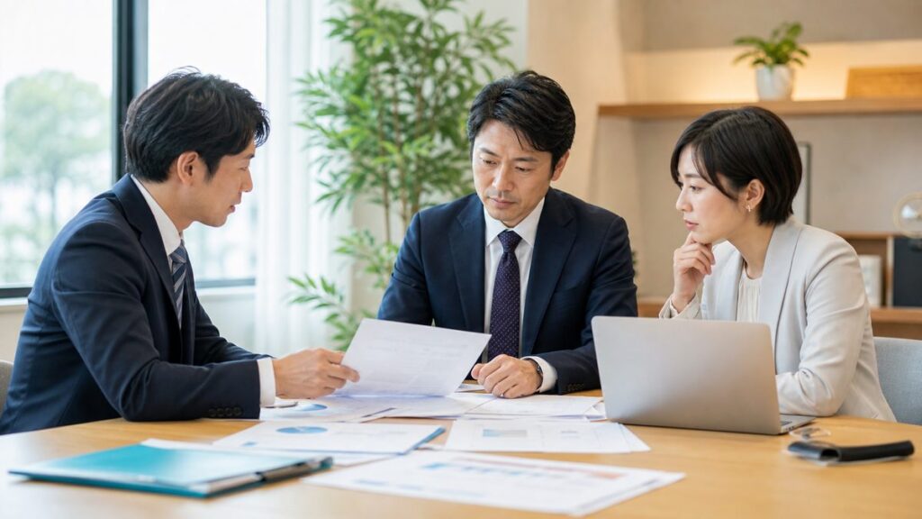 松山の認定支援機関譲渡をテーマに補助金資料と顧客承継計画を確認する専門家ミーティングのイメージ