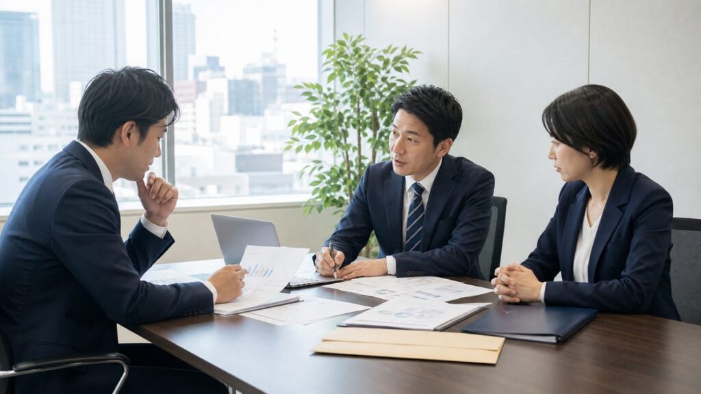 奈良の補助金支援会社M&Aをテーマに専門家が案件台帳と事業承継資料を確認する会議風景