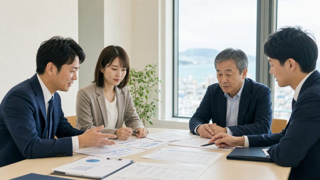 高松の省力化投資補助金支援会社の事業承継をテーマに専門家が案件台帳と承継資料を確認する会議風景