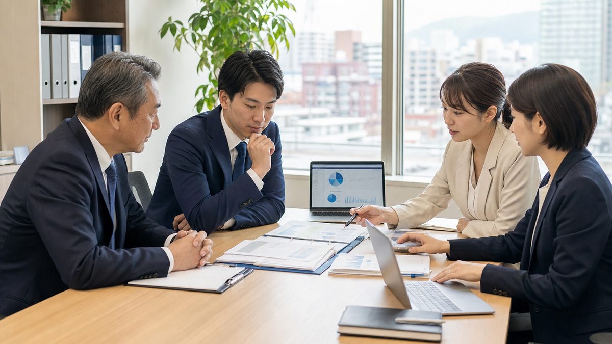熊本の地域企業支援をテーマに省力化投資補助金の資料を確認しながら事業承継とM&Aを相談する専門家ミーティングのイメージ