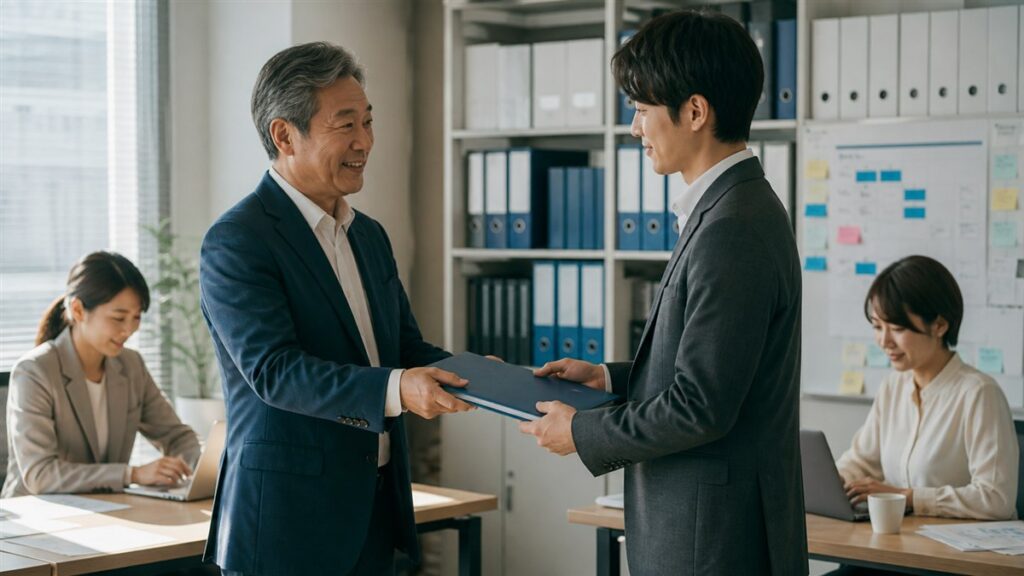 補助金支援会社のM&Aでキーパーソンから後任へ業務資料を引き継ぐチーム