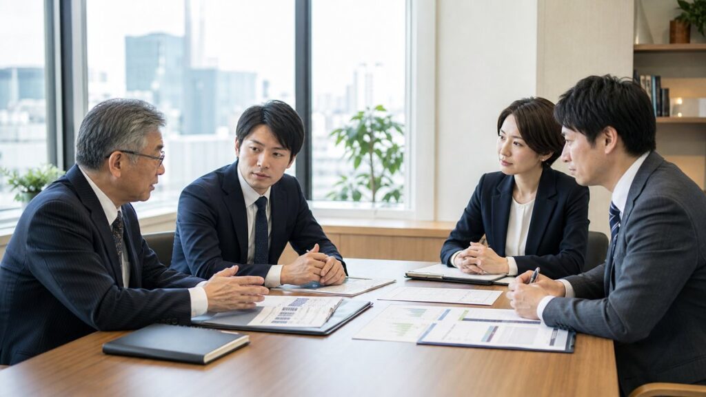 鹿児島の認定支援機関M&Aに向けて案件台帳と顧客承継計画を確認する経営者と専門家