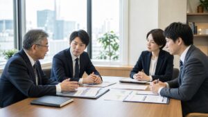 鹿児島の認定支援機関M&Aに向けて案件台帳と顧客承継計画を確認する経営者と専門家