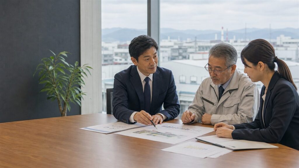 群馬のものづくり補助金支援会社M&Aに向けて設備投資案件と承継計画を確認する経営者と専門家