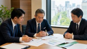 仙台の補助金支援会社の会社売却に向け案件台帳と採択後支援の引継ぎを確認する経営者と専門家