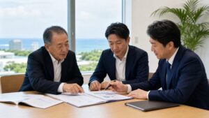 沖縄の補助金支援会社M&Aについて案件台帳と承継計画を確認する経営者と専門家