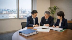 名古屋の採択後支援会社の事業譲渡に向け案件台帳と設備導入資料を確認する経営者と専門家