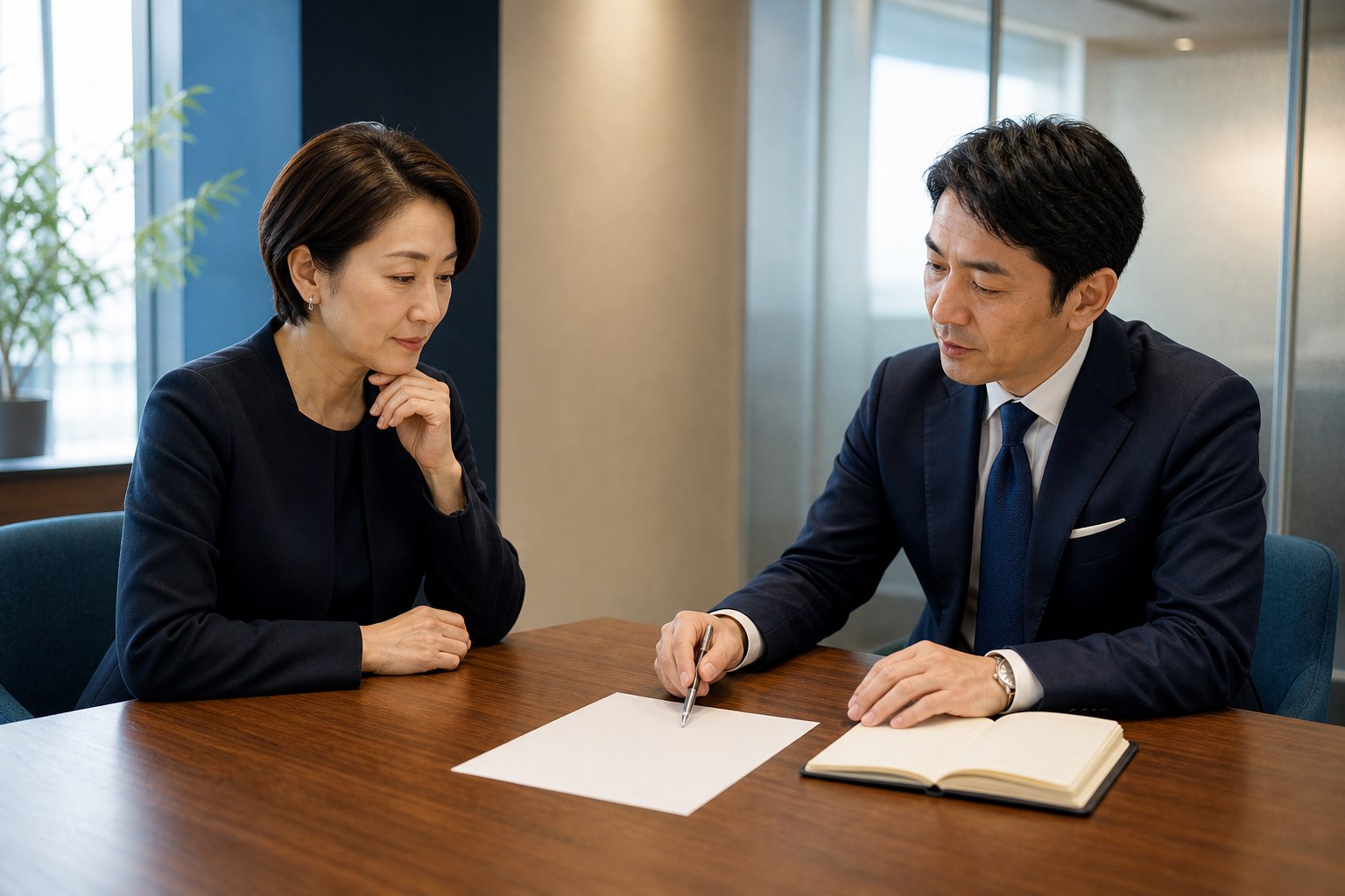 会社情報を伏せた初期相談を行う経営者とM&Aアドバイザー