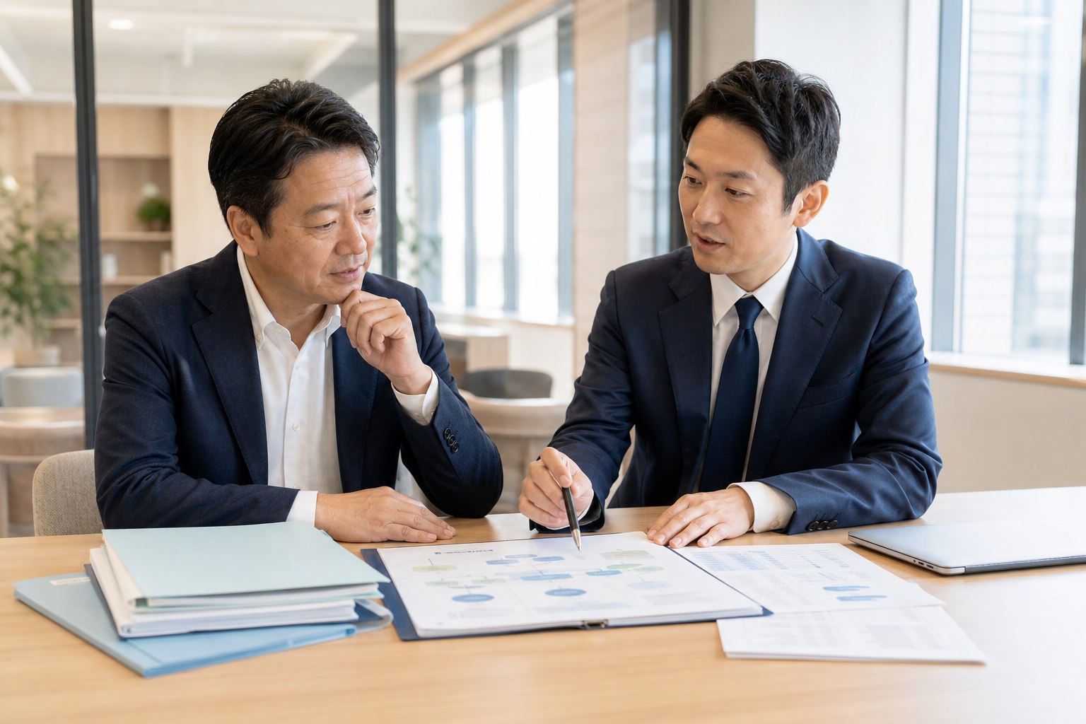 補助金支援会社の事業承継資料を確認する経営者とM&Aアドバイザー