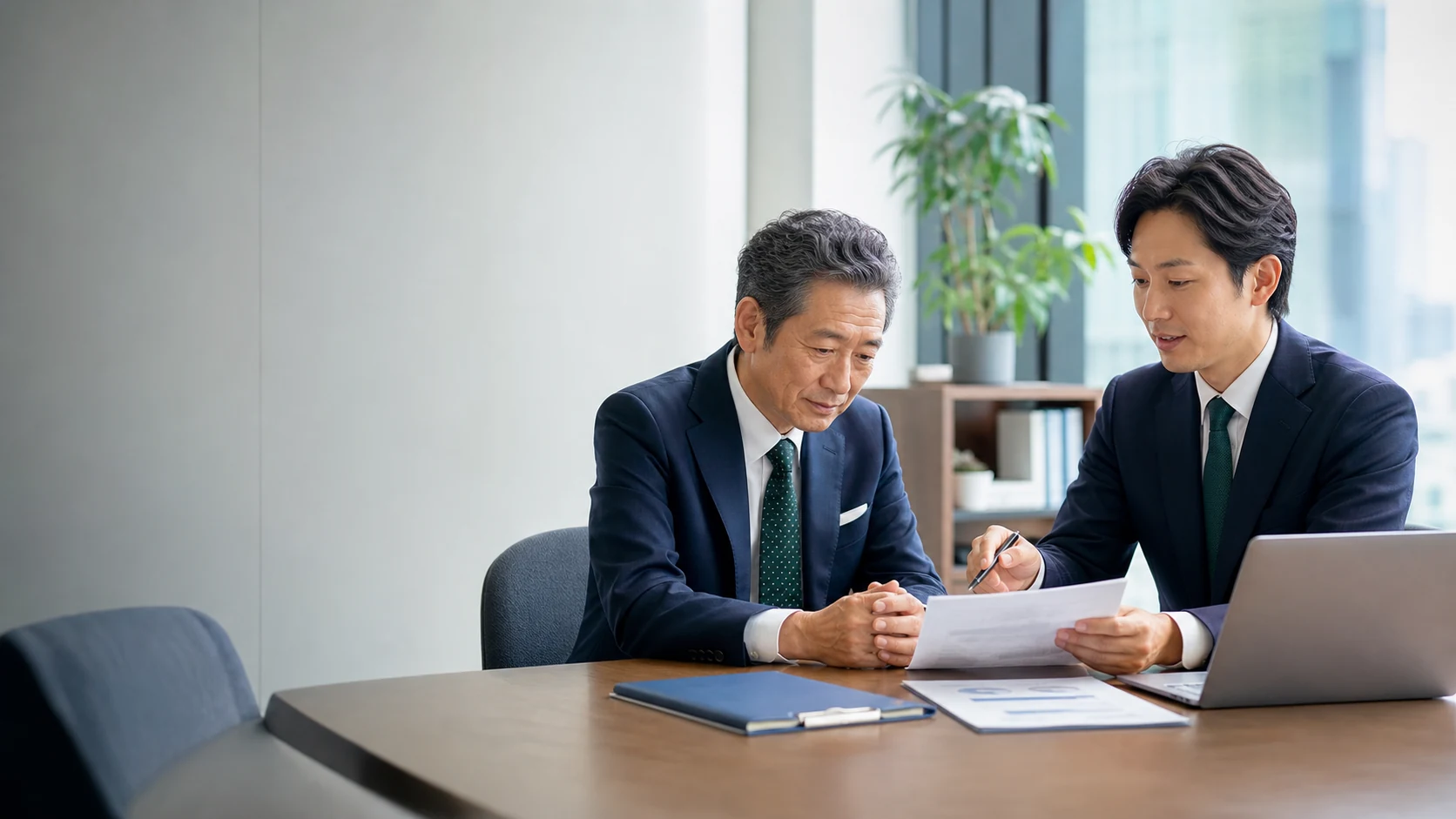 補助金支援会社の経営者とM&Aアドバイザーが事業承継を相談する様子