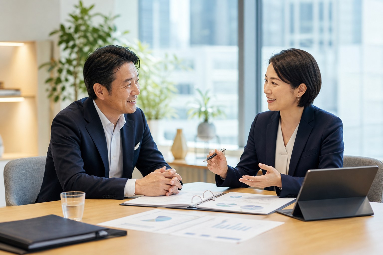 補助金支援会社のM&Aについて相談する経営者とアドバイザー