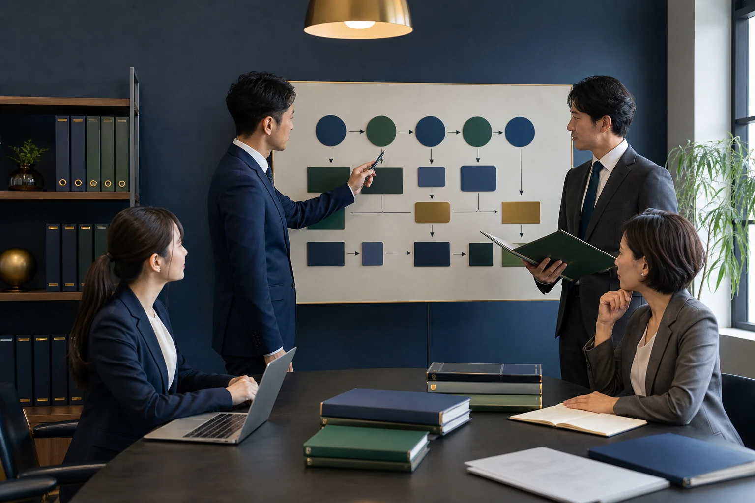 補助金支援会社の案件台帳、業務フロー、紹介経路をチームで確認する様子